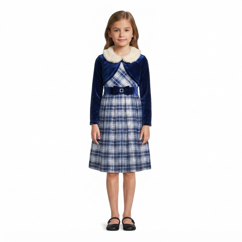 Jona Michelle Dress Girls 8 Navy Blue Plaid Velvet Bolero Faux Fur Collar